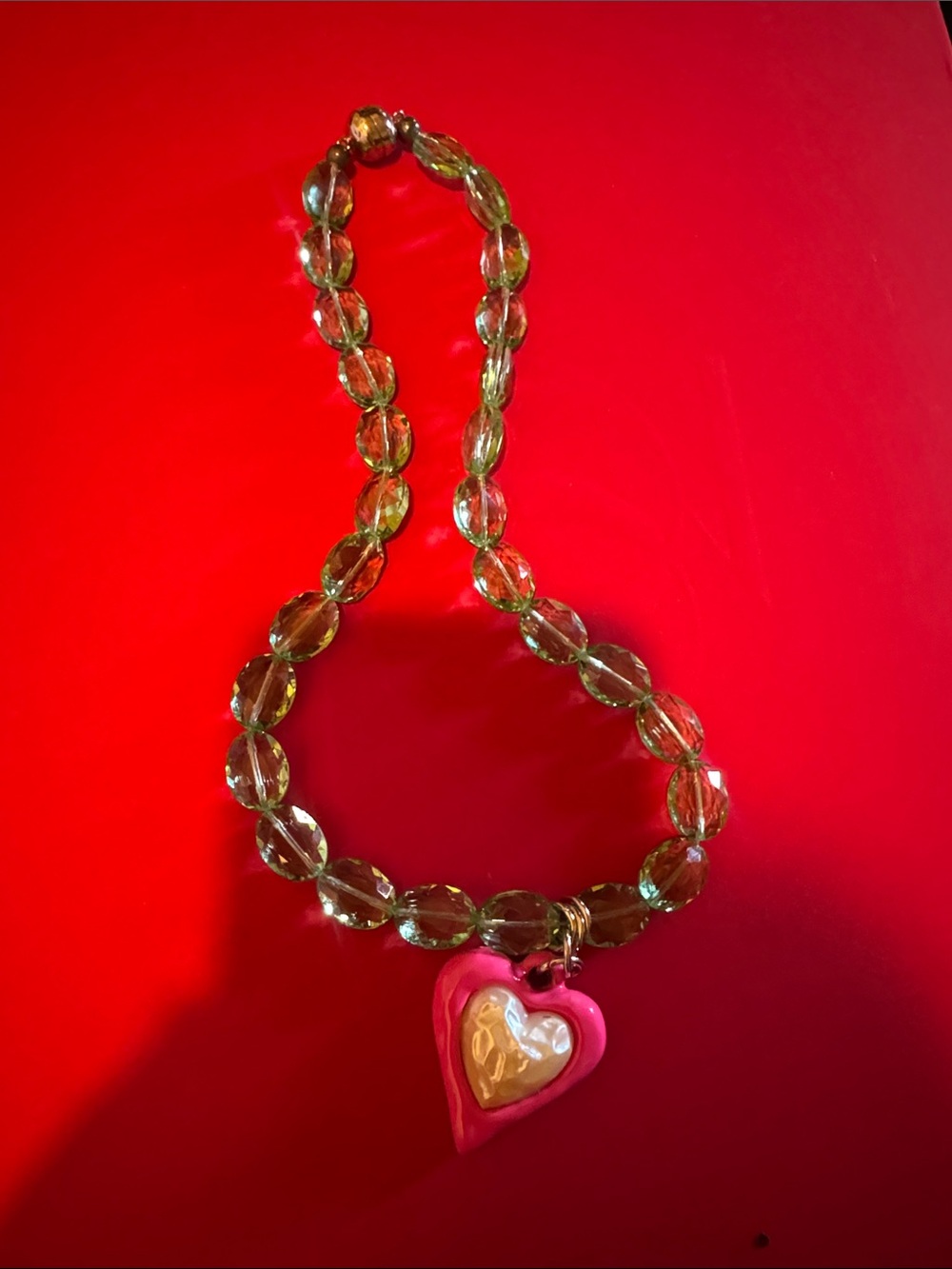 Julietta Green Beaded Necklace with Pink Heart Pendant Charm